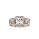 Rose Gold Three-Stone Halo Diamond Ring