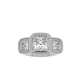 White Three-Stone Halo Diamond Ring