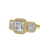 Yellow Three-Stone Halo Diamond Ring